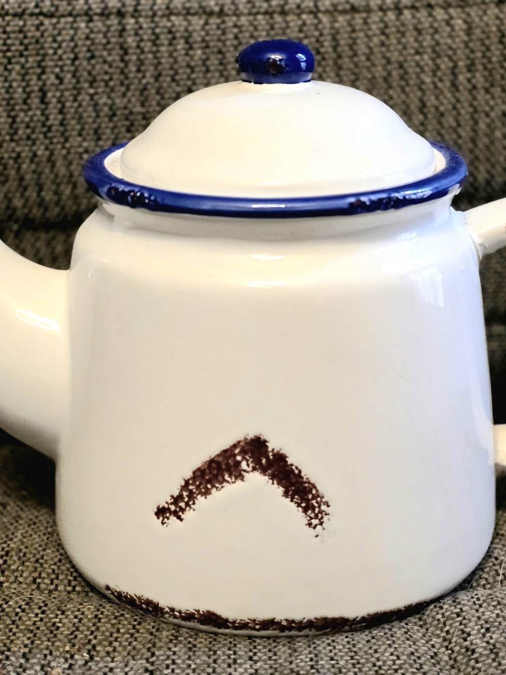 White and Blue Enamel Teapot - Classic Kitchen Pitcher